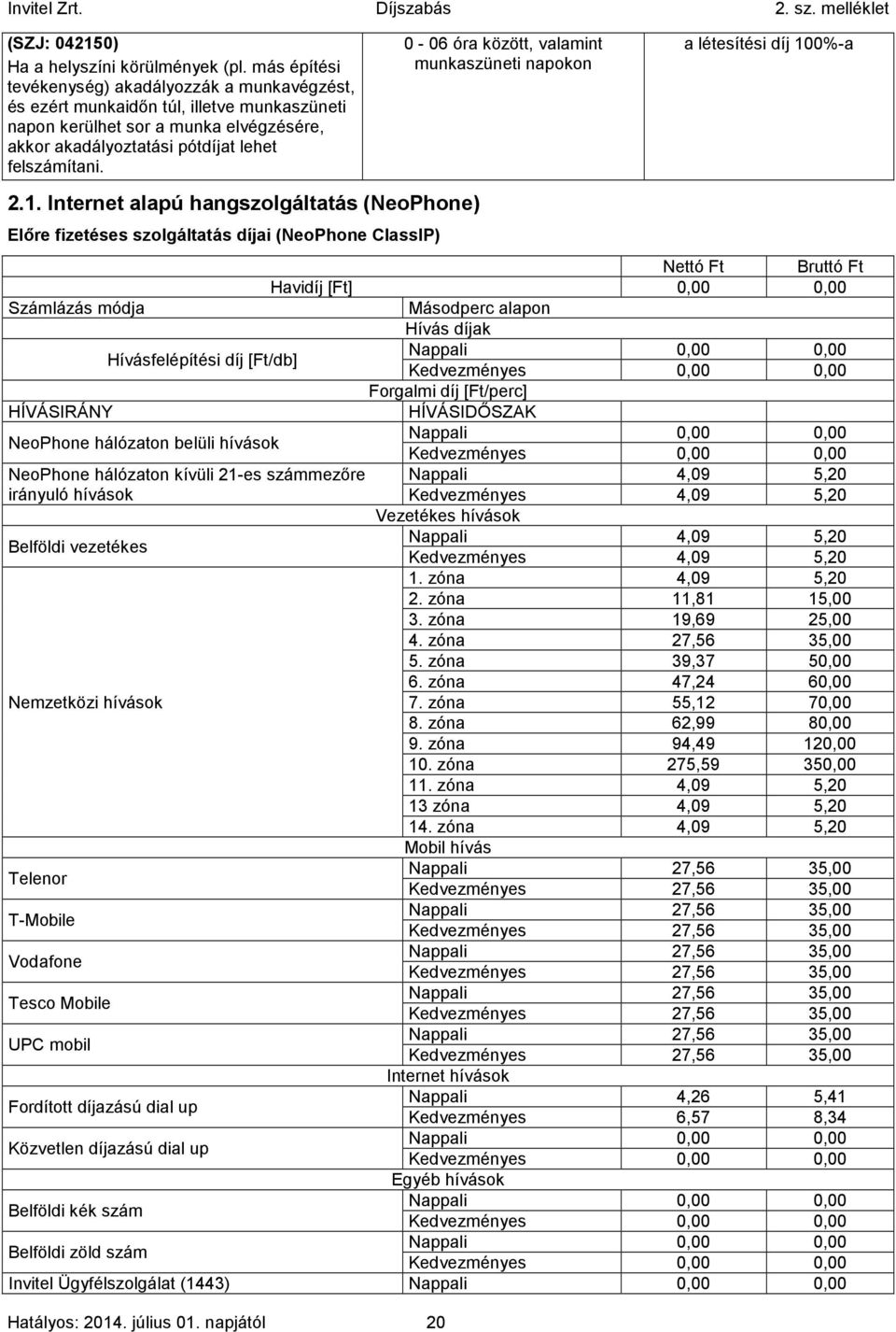 0-06 óra között, valamint munkaszüneti napokon a létesítési díj 10