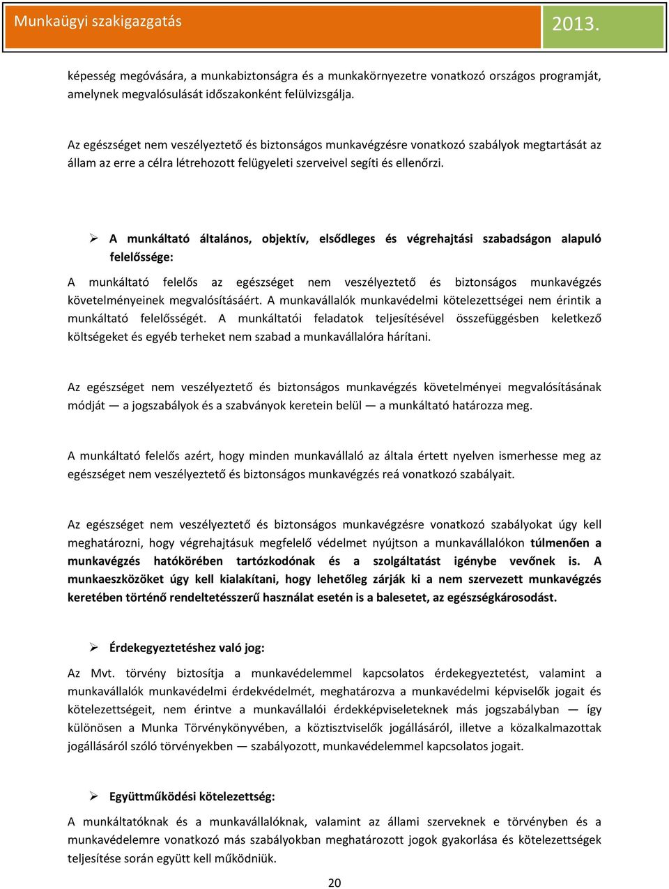 A munkáltató általános, objektív, elsődleges és végrehajtási szabadságon alapuló felelőssége: A munkáltató felelős az egészséget nem veszélyeztető és biztonságos munkavégzés követelményeinek