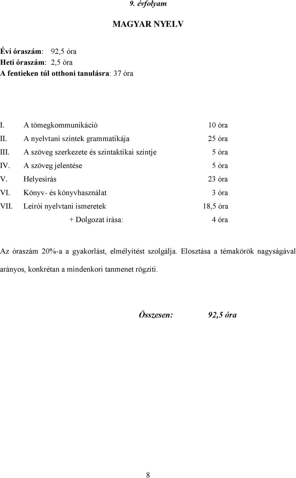 A szöveg jelentése 5 óra V. Helyesírás 23 óra VI. Könyv- és könyvhasználat 3 óra VII.