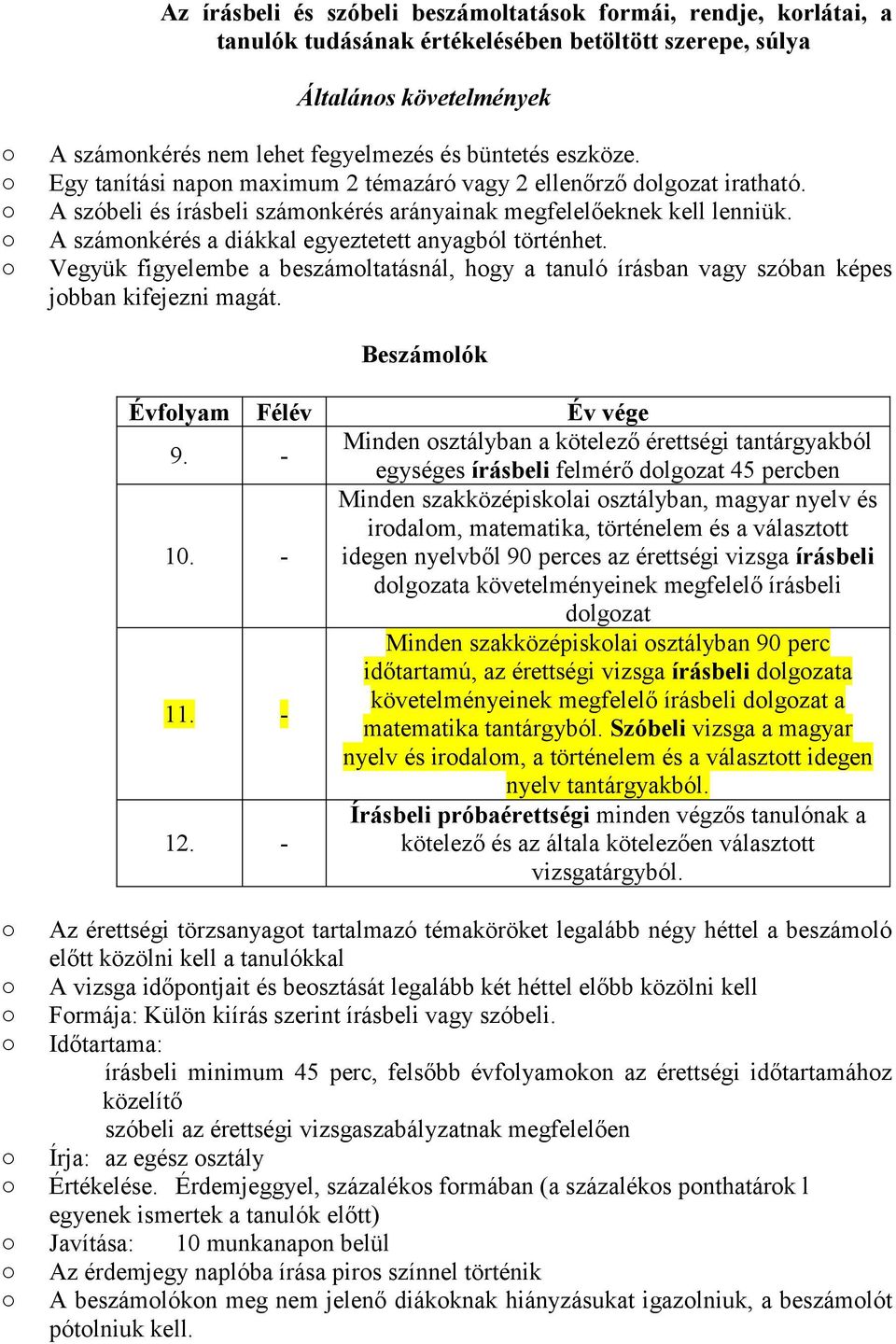 A számonkérés a diákkal egyeztetett anyagból történhet. Vegyük figyelembe a beszámoltatásnál, hogy a tanuló írásban vagy szóban képes jobban kifejezni magát. Beszámolók Évfolyam Félév Év vége 9.