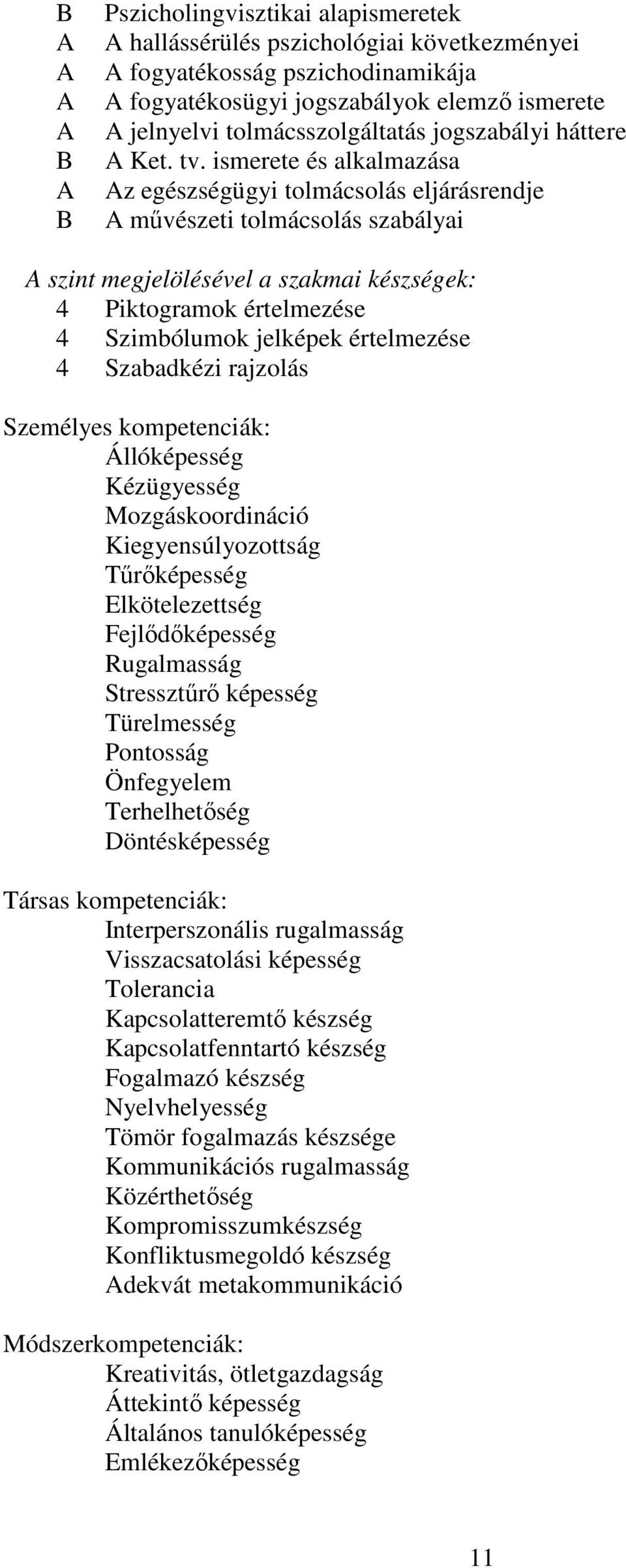 ismerete és alkalmazása Az egészségügyi tolmácsolás eljárásrendje A művészeti tolmácsolás szabályai A szint megjelölésével a szakmai készségek: 4 Piktogramok értelmezése 4 Szimbólumok jelképek