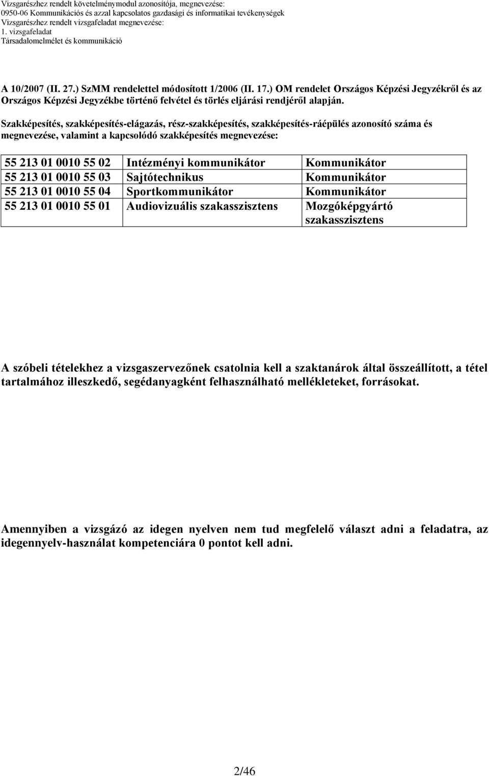 Szakképesítés, szakképesítés-elágazás, rész-szakképesítés, szakképesítés-ráépülés azonosító száma és megnevezése, valamint a kapcsolódó szakképesítés megnevezése: 213 01 00 02 Intézményi kommunikátor