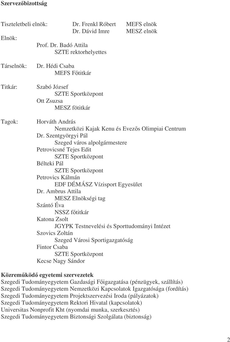 Szentgyörgyi Pál Szeged város alpolgármestere Petrovicsné Tejes Edit Bélteki Pál Petrovics Kálmán EDF DÉMÁSZ Vízisport Egyesület Dr.
