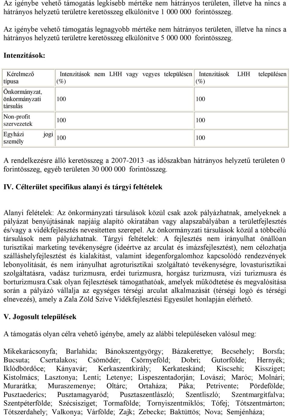 Intenzitások: Kérelmező típusa Önkormányzat, önkormányzati társulás Non-profit szervezetek Egyházi személy jogi Intenzitások nem LHH vagy vegyes településen (%) 100 100 100 100 100 100 Intenzitások