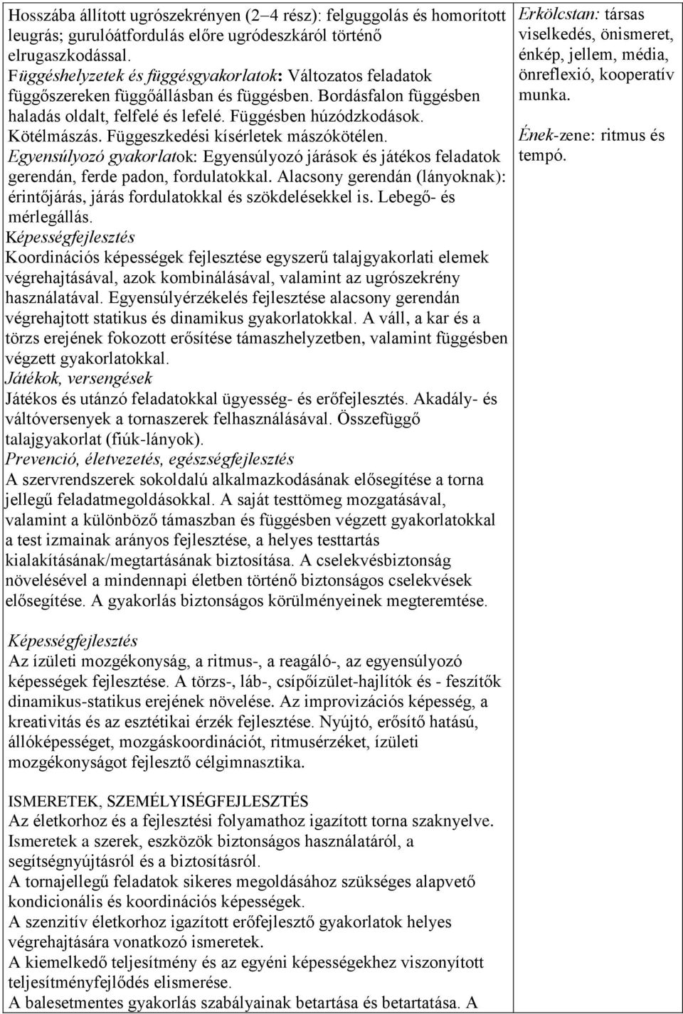 Függeszkedési kísérletek mászókötélen. Egyensúlyozó gyakorlatok: Egyensúlyozó járások és játékos feladatok gerendán, ferde padon, fordulatokkal.