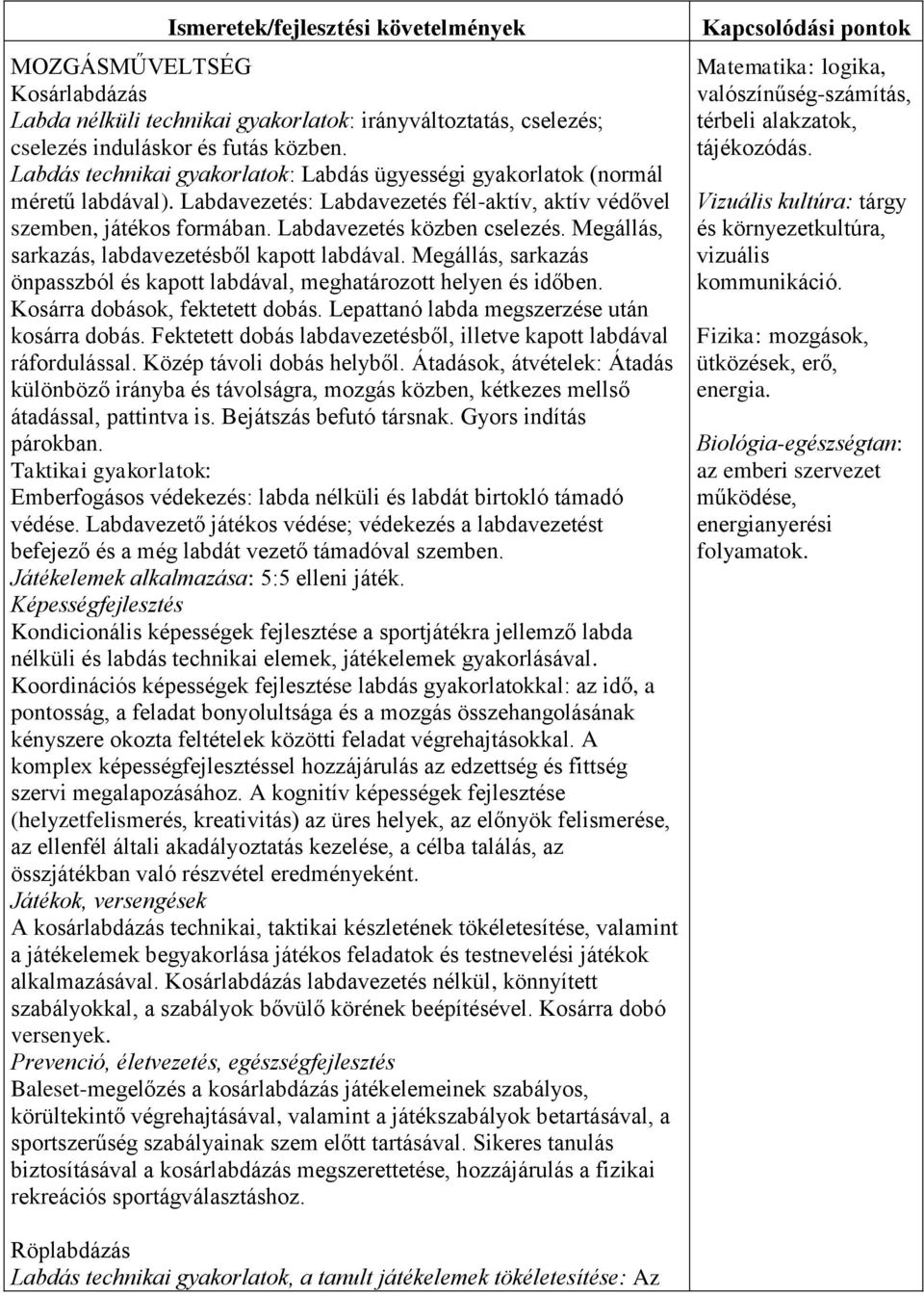 Megállás, sarkazás, labdavezetésből kapott labdával. Megállás, sarkazás önpasszból és kapott labdával, meghatározott helyen és időben. Kosárra dobások, fektetett dobás.