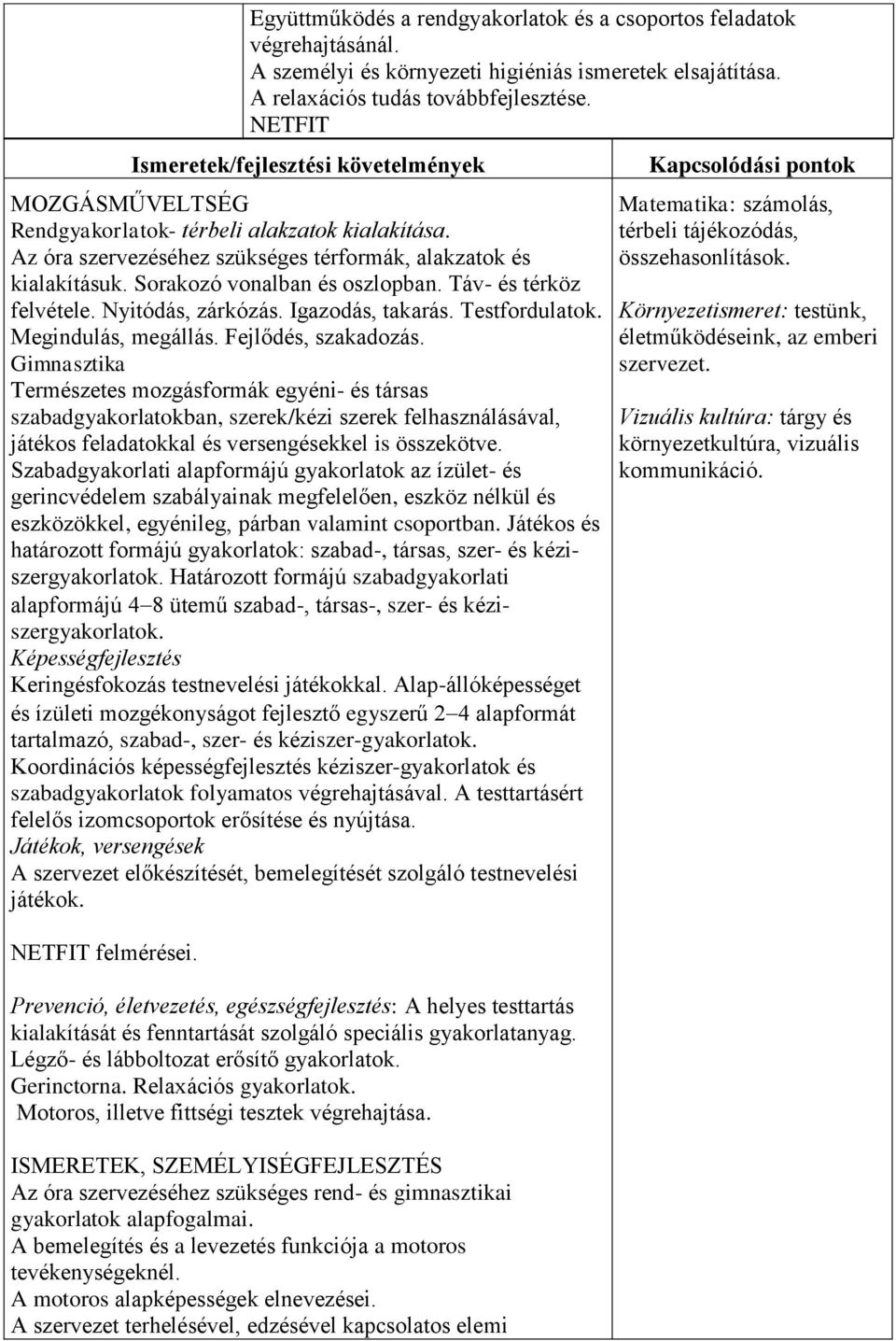Sorakozó vonalban és oszlopban. Táv- és térköz felvétele. Nyitódás, zárkózás. Igazodás, takarás. Testfordulatok. Megindulás, megállás. Fejlődés, szakadozás.