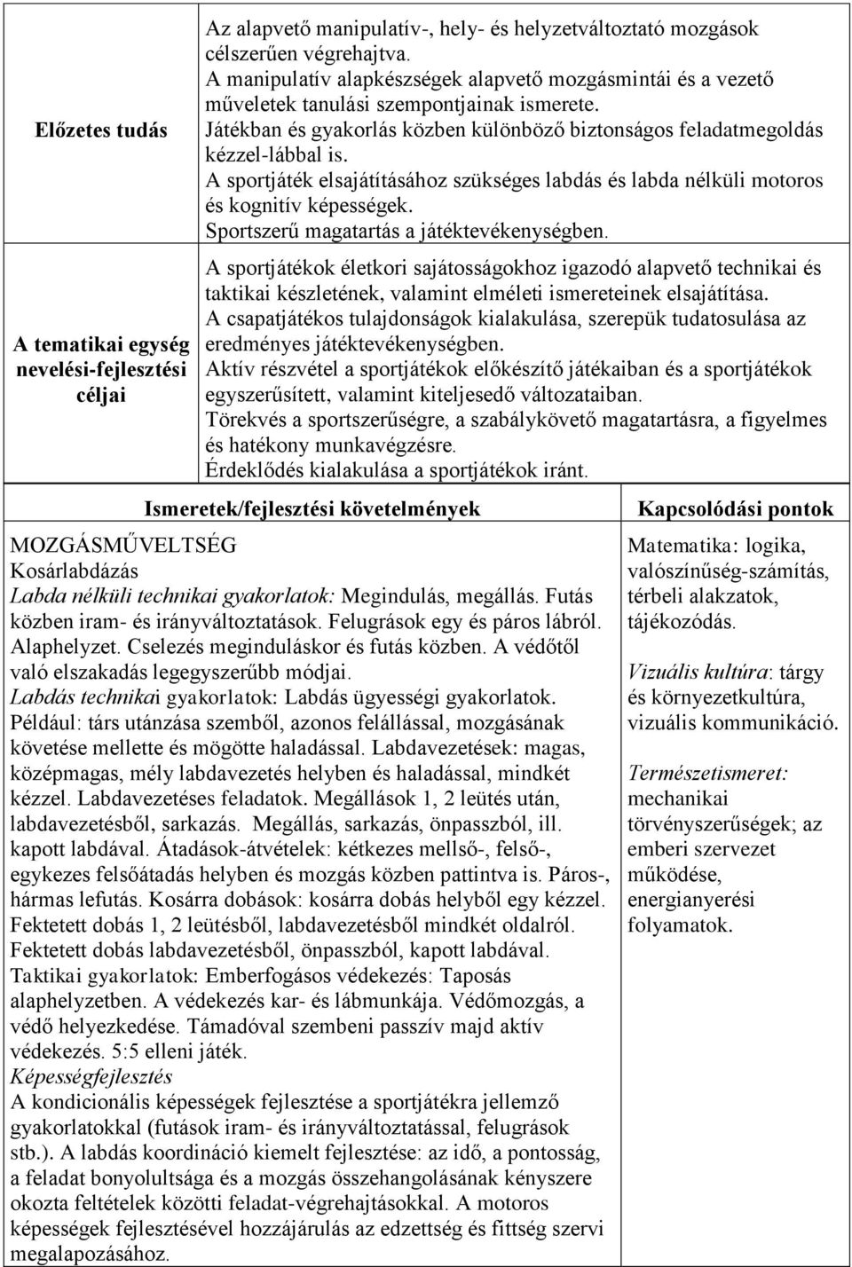 A sportjáték elsajátításához szükséges labdás és labda nélküli motoros és kognitív képességek. Sportszerű magatartás a játéktevékenységben.