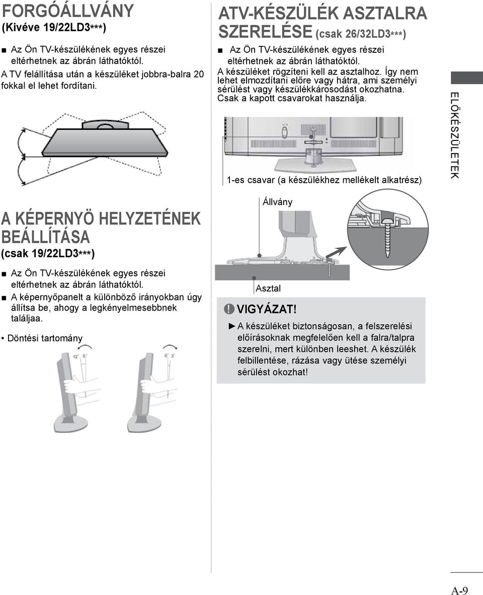 Így nem lehet elmozdítani előre vagy hátra, ami személyi sérülést vagy készülékkárosodást okozhatna. Csak a kapott csavarokat használja.