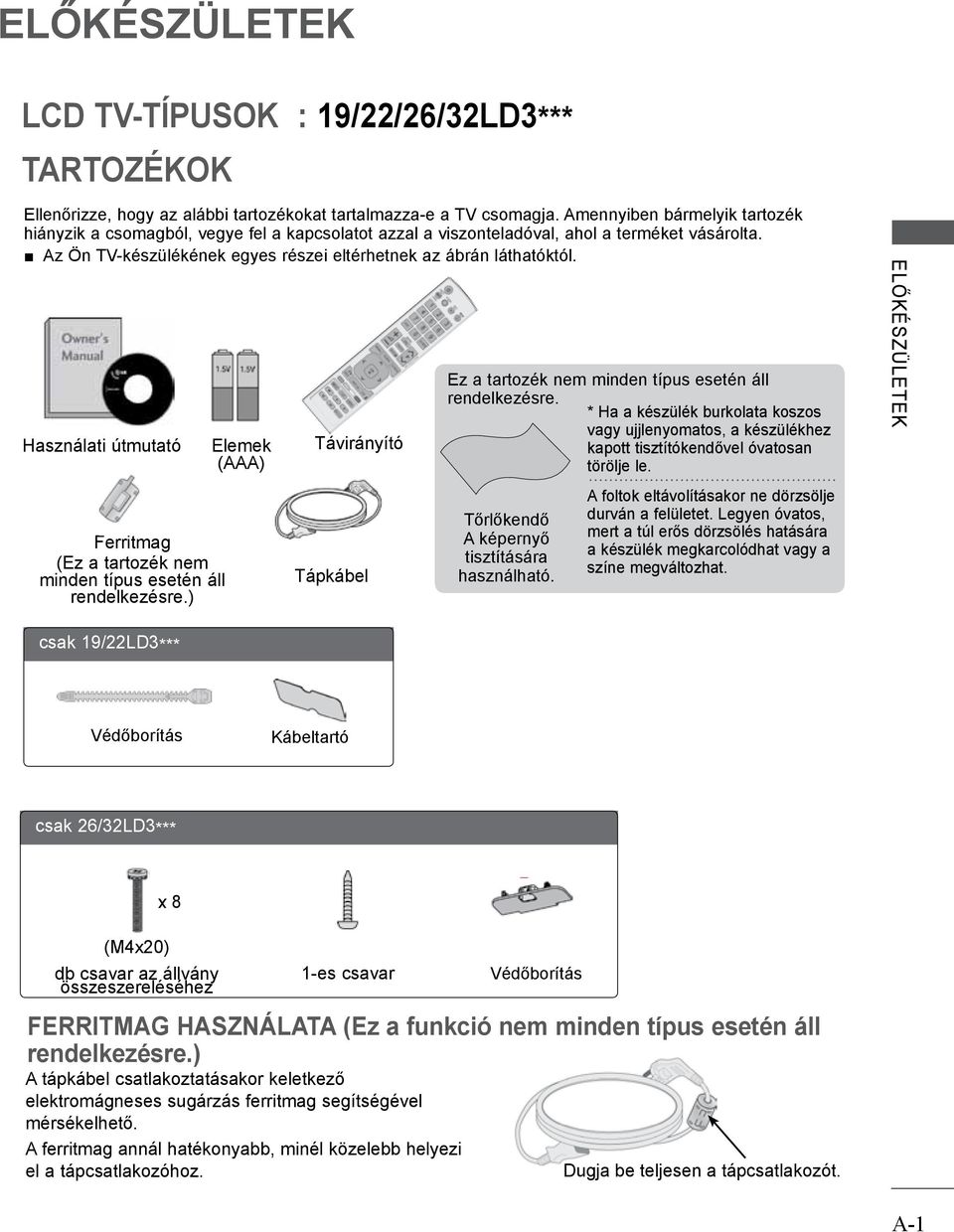 Használati útmutató Ferritmag (Ez a tartozék nem minden típus esetén áll rendelkezésre.) Elemek (AAA) Távirányító Tápkábel Ez a tartozék nem minden típus esetén áll rendelkezésre.