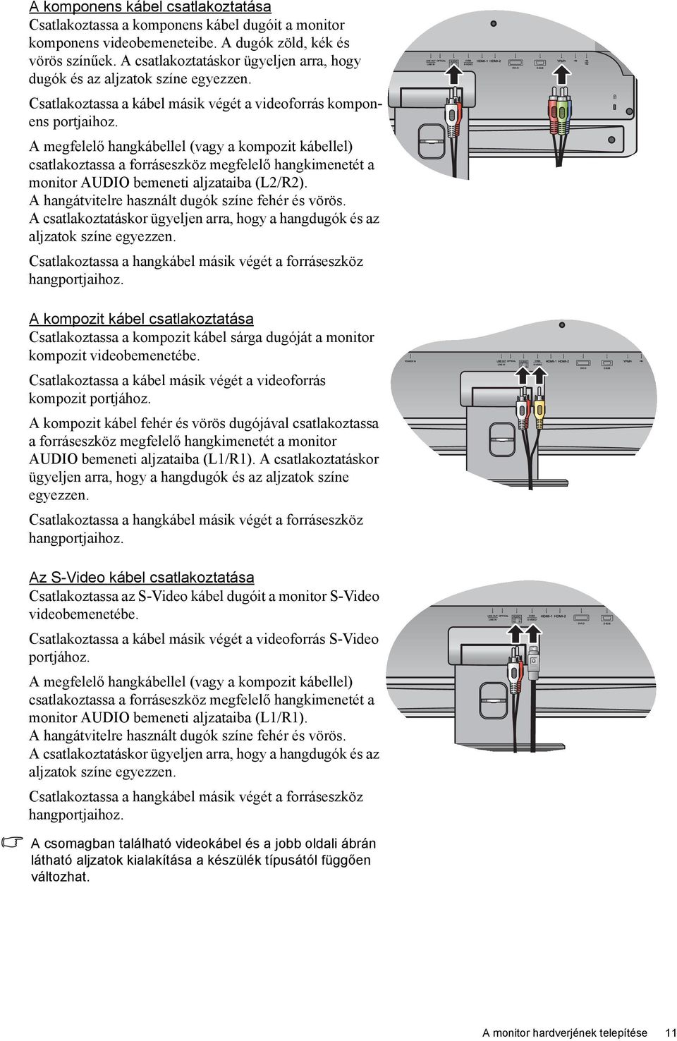 A megfelelő hangkábellel (vagy a kompozit kábellel) csatlakoztassa a forráseszköz megfelelő hangkimenetét a monitor AUDIO bemeneti aljzataiba (L2/R2).