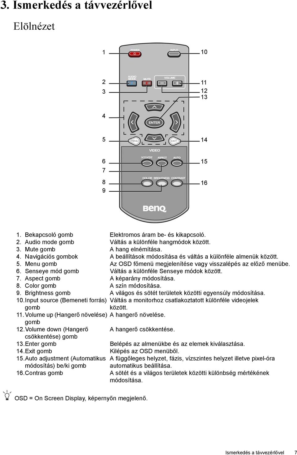 Senseye mód gomb Váltás a különféle Senseye módok között. 7. Aspect gomb A képarány módosítása. 8. Color gomb A szín módosítása. 9.