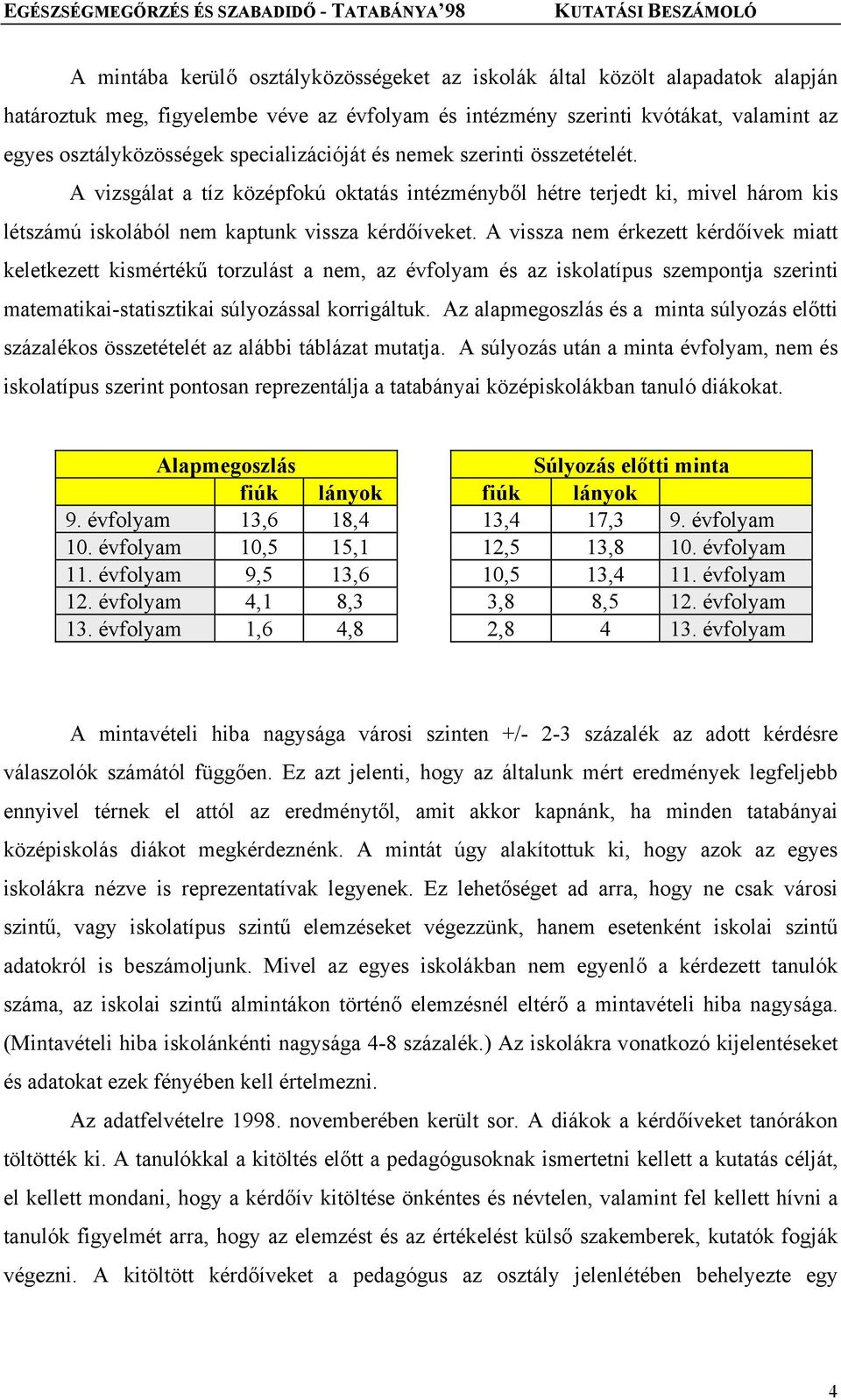 A vissza nem érkezett kérdőívek miatt keletkezett kismértékű torzulást a nem, az évfolyam és az iskolatípus szempontja szerinti matematikai-statisztikai súlyozással korrigáltuk.