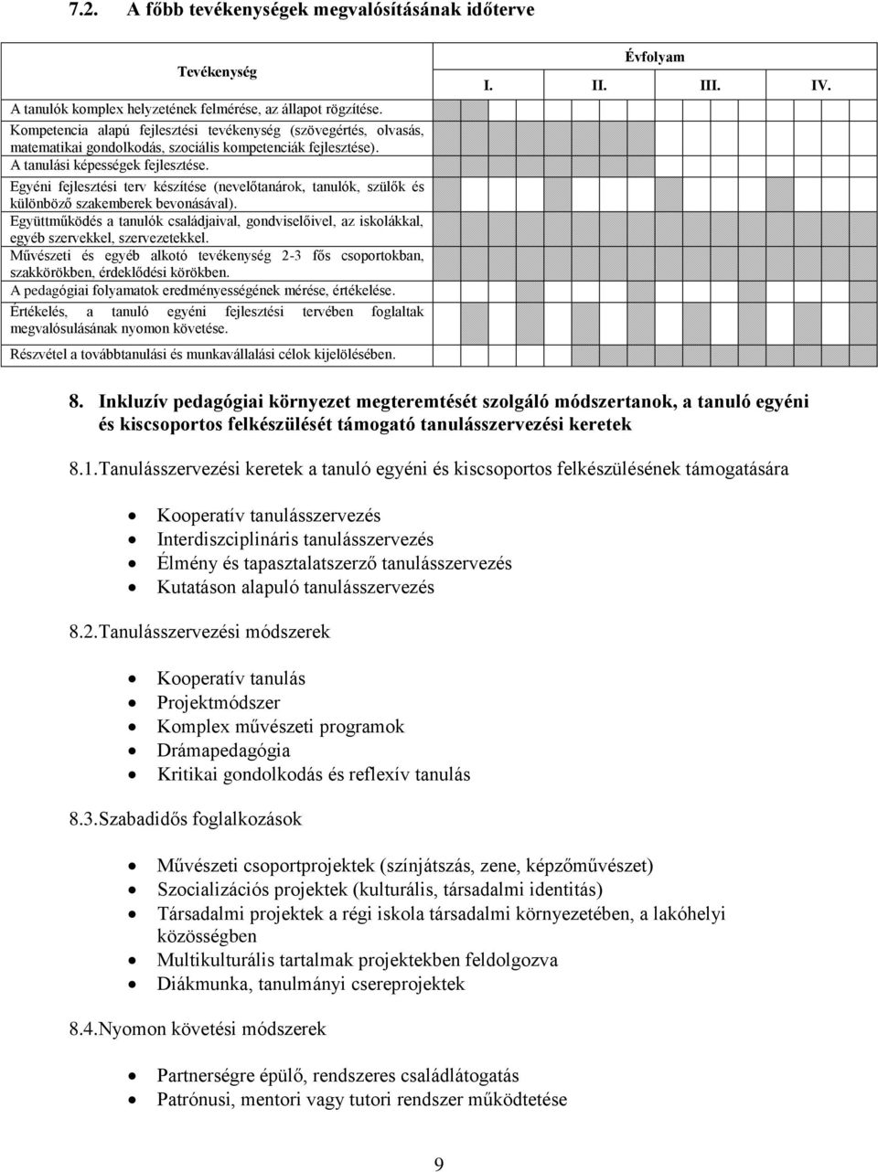 Egyéni fejlesztési terv készítése (nevelőtanárok, tanulók, szülők és különböző szakemberek bevonásával).