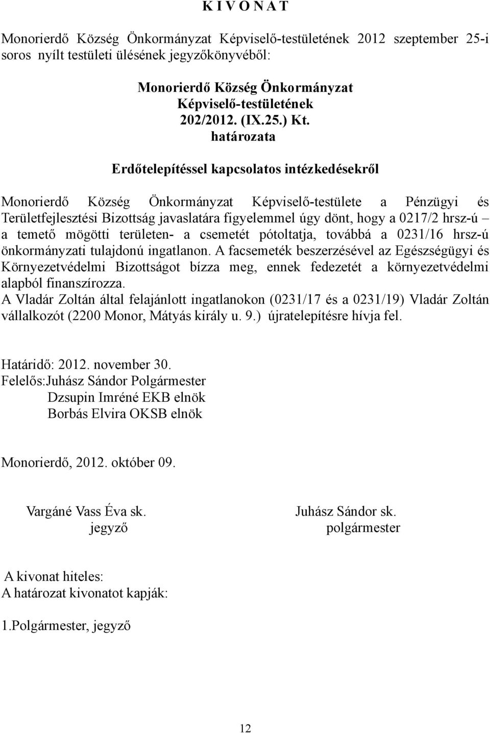 csemetét pótoltatja, továbbá a 0231/16 hrsz-ú önkormányzati tulajdonú ingatlanon.