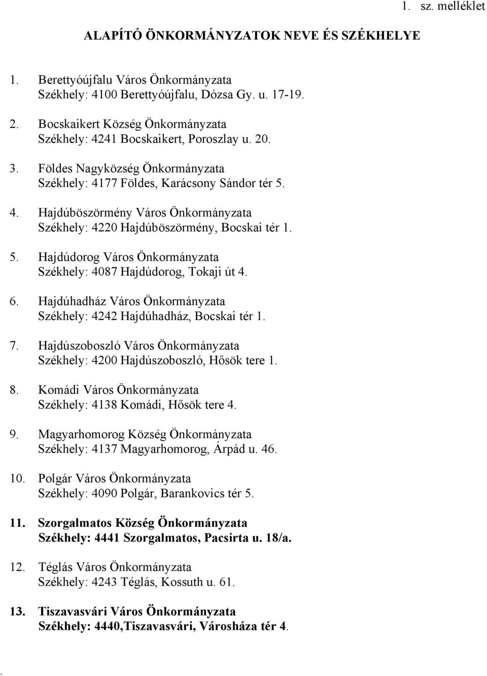 5. Hajdúdorog Város Önkormányzata Székhely: 4087 Hajdúdorog, Tokaji út 4. 6. Hajdúhadház Város Önkormányzata Székhely: 4242 Hajdúhadház, Bocskai tér 1. 7.