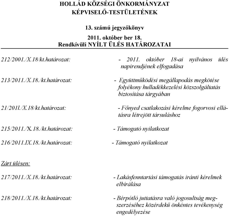 határozat: - Főnyed csatlakozási kérelme fogorvosi ellátásra létrejött társuláshoz 215/2011./X.18./kt.határozat: 216/2011.IX.18./kt.határozat: - Támogató nyilatkozat - Támogató nyilatkozat Zárt ülésen: 217/2011.