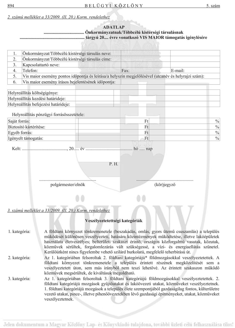 Telefon: Fax: E-mail: 5. Vis maior esemény pontos idõpontja és leírása/a helyszín megjelölésével (utcanév és helyrajzi szám): 6.