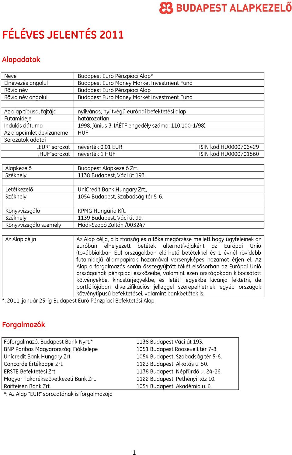 100-1/98) Az alapcímlet devizaneme HUF Sorozatok adatai EUR sorozat névérték 0,01 EUR ISIN kód HU0000706429 HUF sorozat névérték 1 HUF ISIN kód HU0000701560 Alapkezelő Budapest Alapkezelő Zrt.