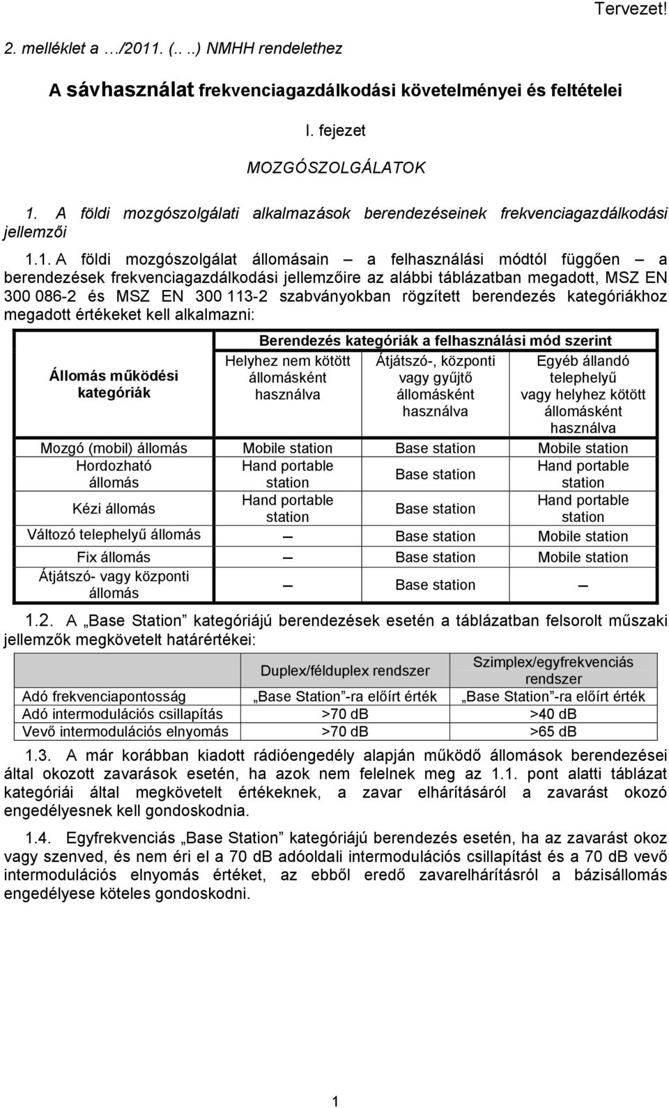 1. A földi mozgószolgálat állomásain a felhasználási módtól függően a berendezések frekvenciagazdálkodási jellemzőire az alábbi táblázatban megadott, MSZ EN 300 086-2 és MSZ EN 300 113-2