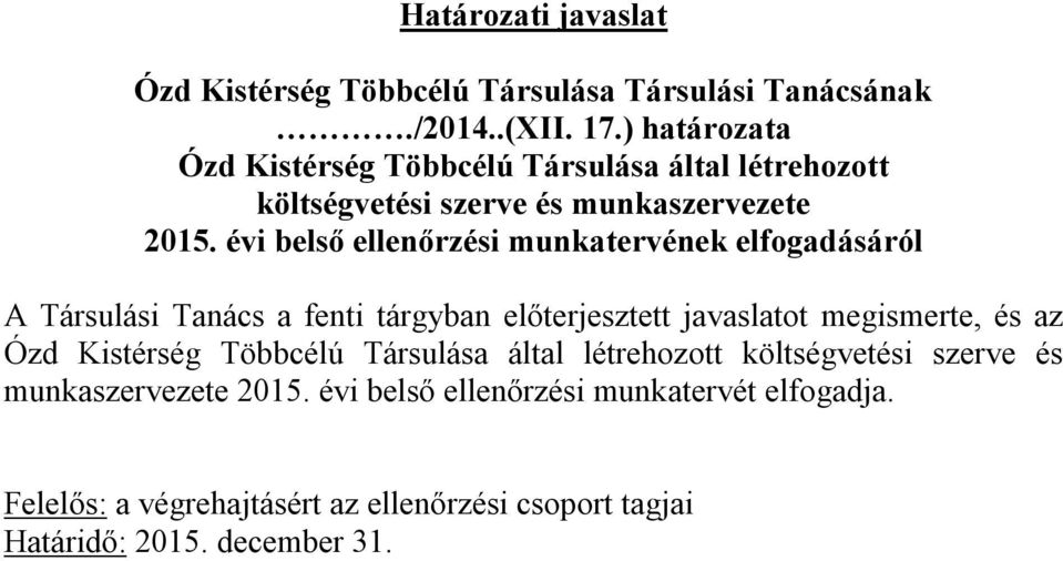 évi belső ellenőrzési munkatervének elfogadásáról A Társulási Tanács a fenti tárgyban előterjesztett javaslatot megismerte, és az Ózd