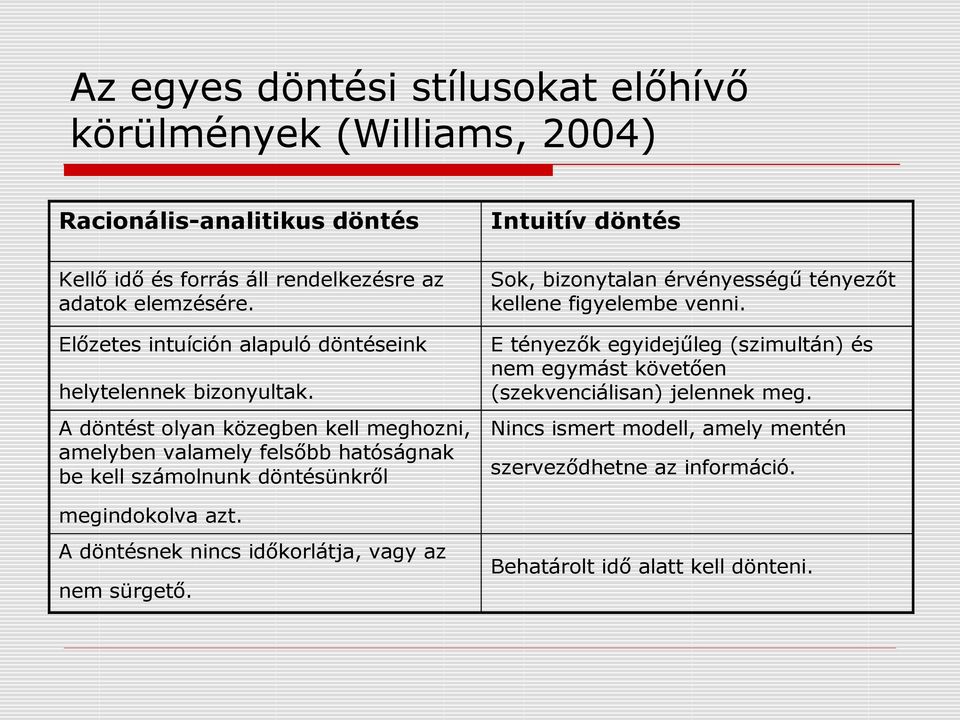 A döntést olyan közegben kell meghozni, amelyben valamely felsőbb hatóságnak be kell számolnunk döntésünkről Intuitív döntés Sok, bizonytalan érvényességű tényezőt