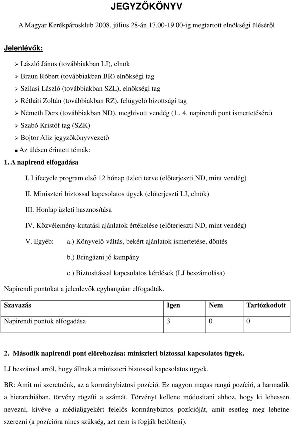 (továbbiakban RZ), felügyelő bizottsági tag Németh Ders (továbbiakban ND), meghívott vendég (1., 4.