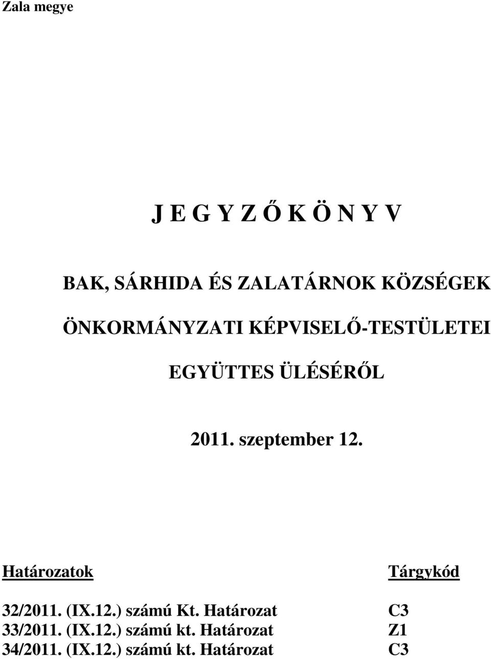 szeptember 12. Határozatok Tárgykód 32/2011. (IX.12.) számú Kt.