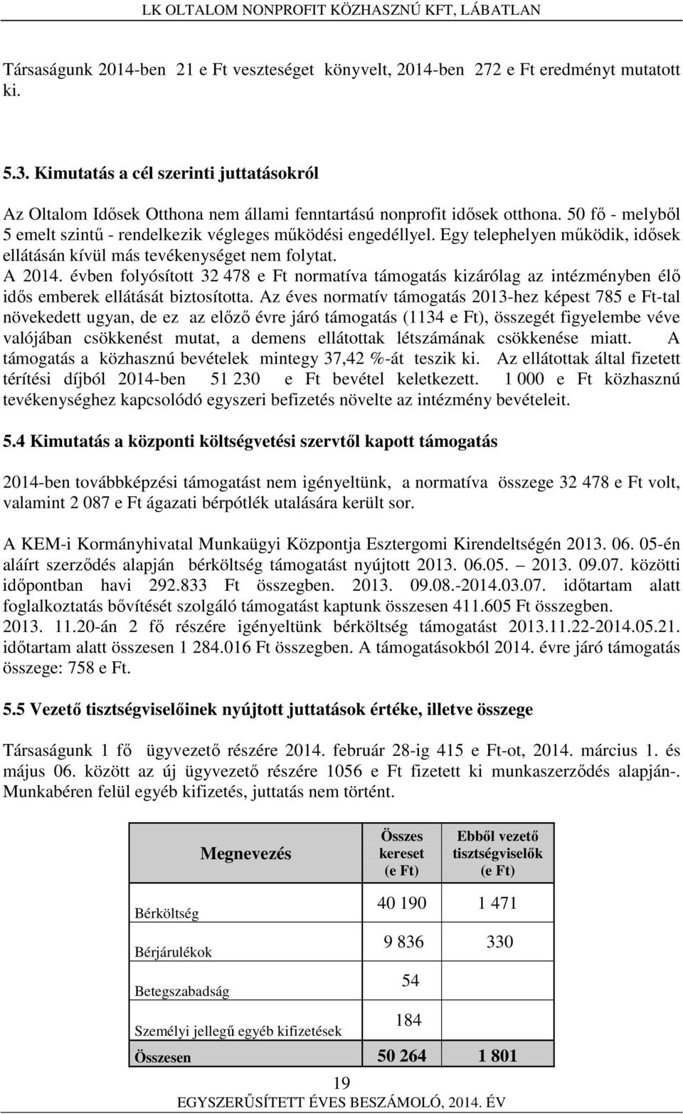 Egy telephelyen működik, idősek ellátásán kívül más tevékenységet nem folytat. A 2014.