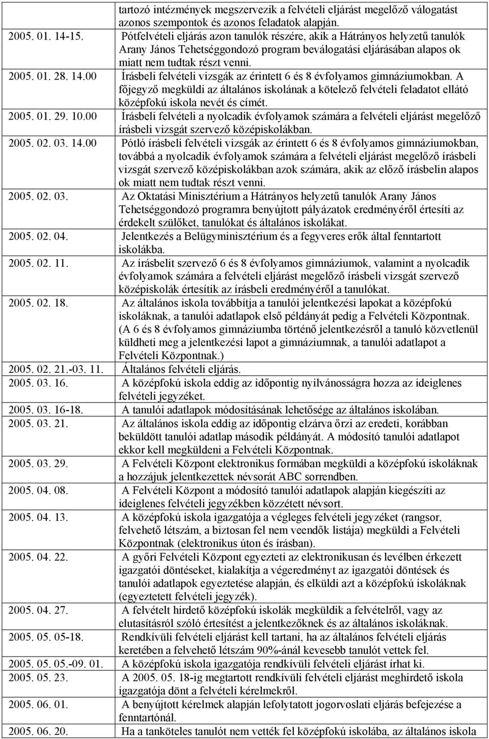 00 Írásbeli felvételi vizsgák az érintett 6 és 8 évfolyamos gimnáziumokban. A főjegyző megküldi az általános iskolának a kötelező felvételi feladatot ellátó középfokú iskola nevét és címét. 2005. 01.