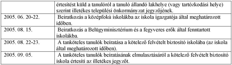 Beiratkozás a Belügyminisztérium és a fegyveres erők által fenntartott iskolákba. 2005. 08. 22-23.