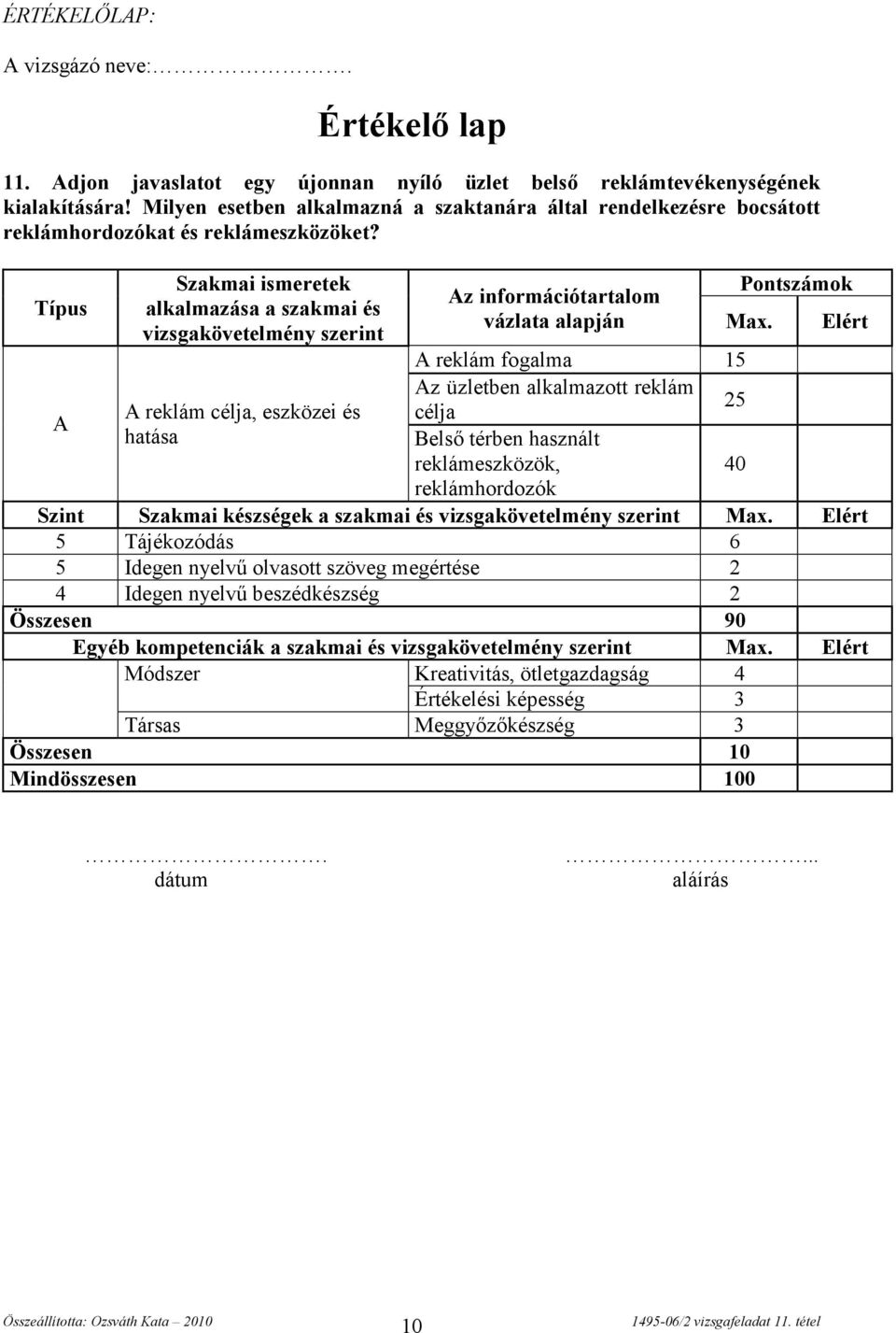 Típus Szakmai ismeretek alkalmazása a szakmai és vizsgakövetelmény szerint Az információtartalom vázlata alapján Pontszámok Max.