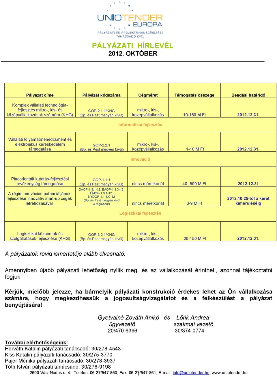 Informatikai fejlesztés Vállalati folyamatmenedzsment és elektronikus kereskedelem támogatása GOP-..1 középvállalkozás 1-10 M Ft 01.1.31.