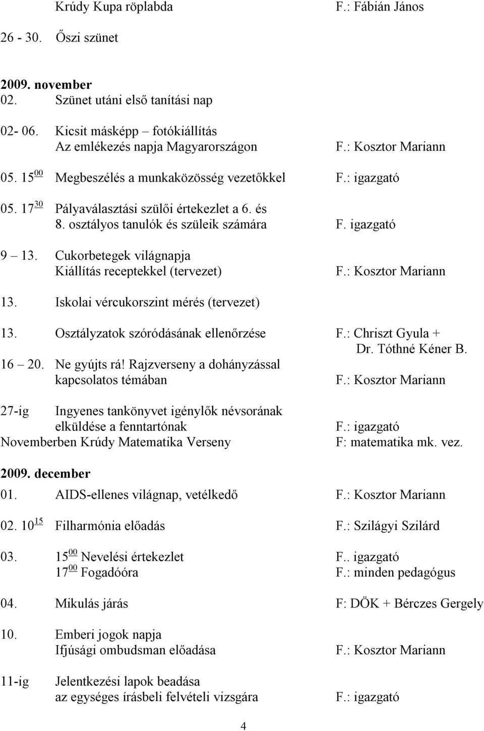 Cukorbetegek világnapja Kiállítás receptekkel (tervezet) 13. Iskolai vércukorszint mérés (tervezet) 13. Osztályzatok szóródásának ellenőrzése F.: Chriszt Gyula + Dr. Tóthné Kéner B. 16 20.