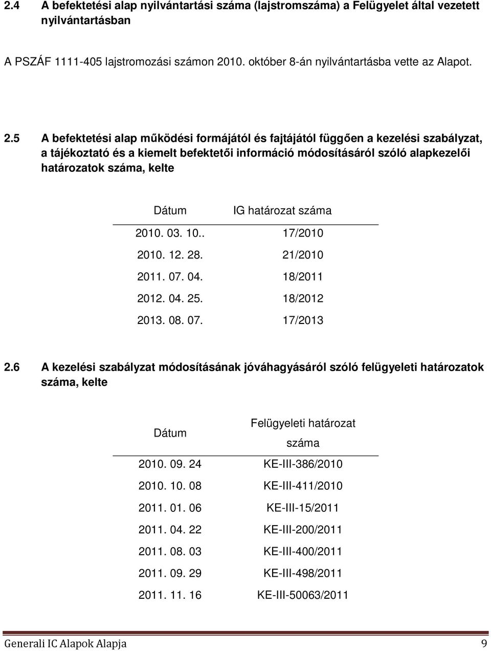 5 A befektetési alap működési formájától és fajtájától függően a kezelési szabályzat, a tájékoztató és a kiemelt befektetői információ módosításáról szóló alapkezelői határozatok száma, kelte Dátum