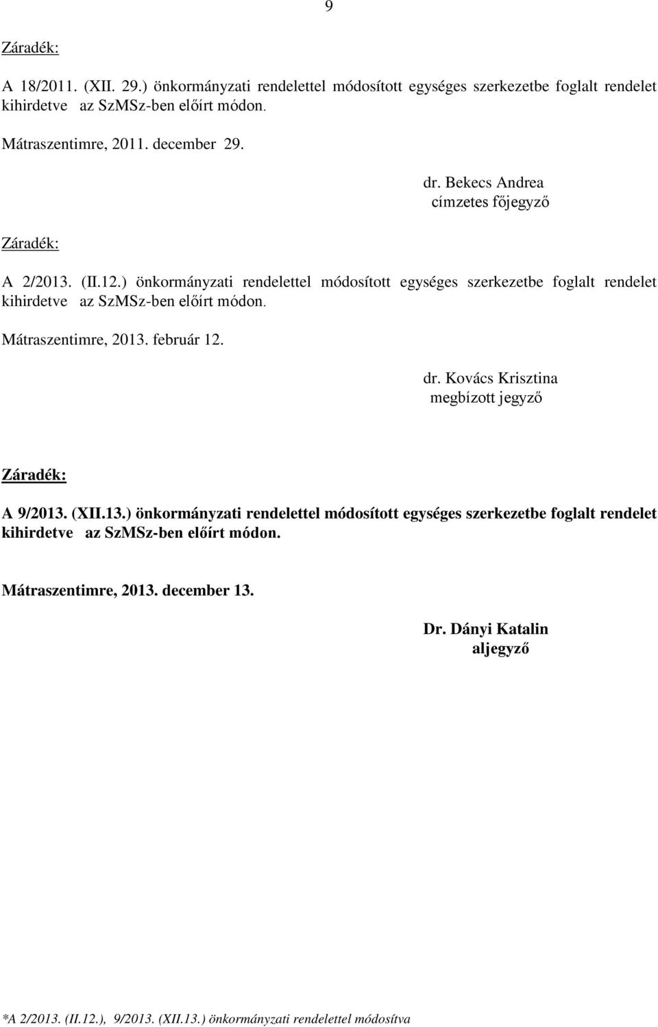 ) önkormányzati rendelettel módosított egységes szerkezetbe foglalt rendelet kihirdetve az SzMSz-ben előírt módon. Mátraszentimre, 2013. február 12. dr.