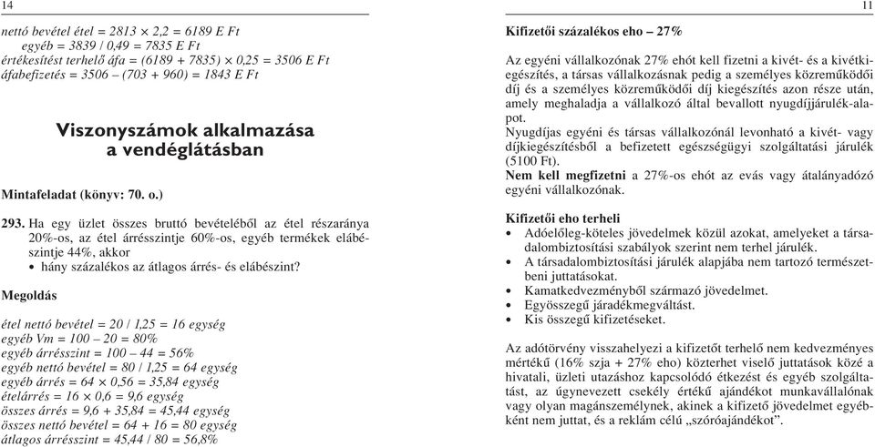 Ha egy üzlet összes bruttó bevételébôl az étel részaránya 20%-os, az étel árrésszintje 60%-os, egyéb termékek elábé - szintje 44%, akkor hány százalékos az átlagos árrés- és elábészint?