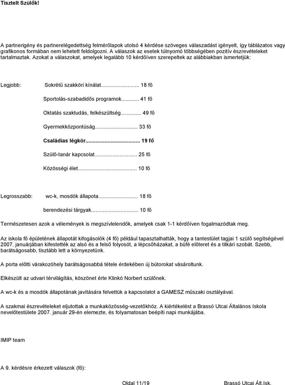 Azokat a válaszokat, amelyek legalább 10 kérdőíven szerepeltek az alábbiakban ismertetjük: Legjobb: Sokrétű szakköri kínálat... 18 fő Sportolás-szabadidős programok.