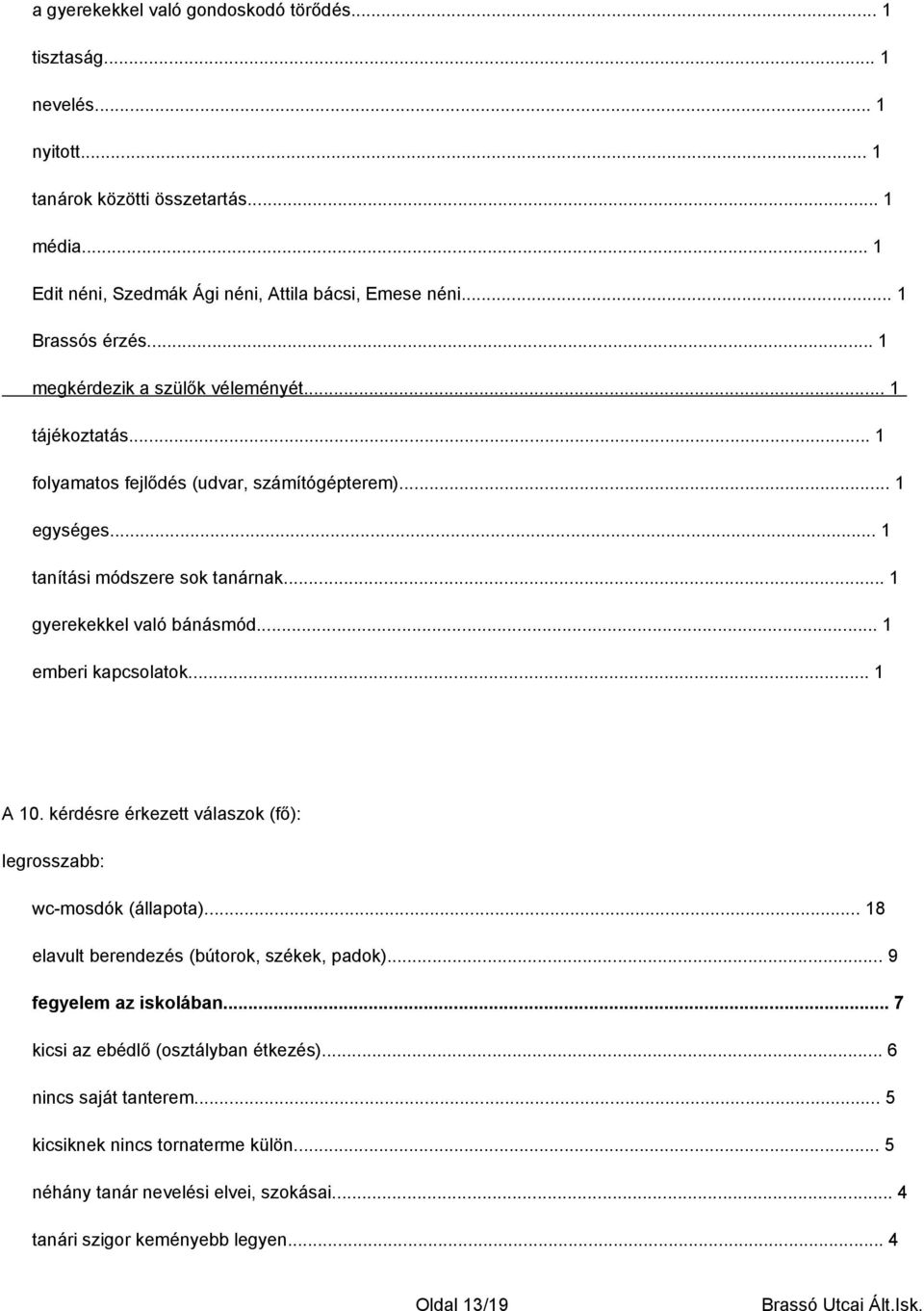 .. 1 gyerekekkel való bánásmód... 1 emberi kapcsolatok... 1 A 10. kérdésre érkezett válaszok (fő): legrosszabb: wc-mosdók (állapota)... 18 elavult berendezés (bútorok, székek, padok).
