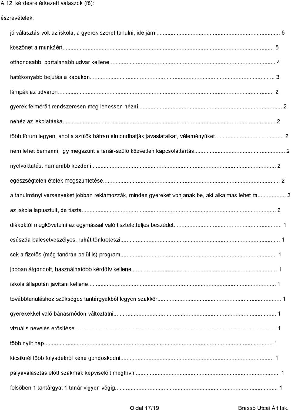 .. 2 több fórum legyen, ahol a szülők bátran elmondhatják javaslataikat, véleményüket... 2 nem lehet bemenni, így megszűnt a tanár-szülő közvetlen kapcsolattartás... 2 nyelvoktatást hamarabb kezdeni.