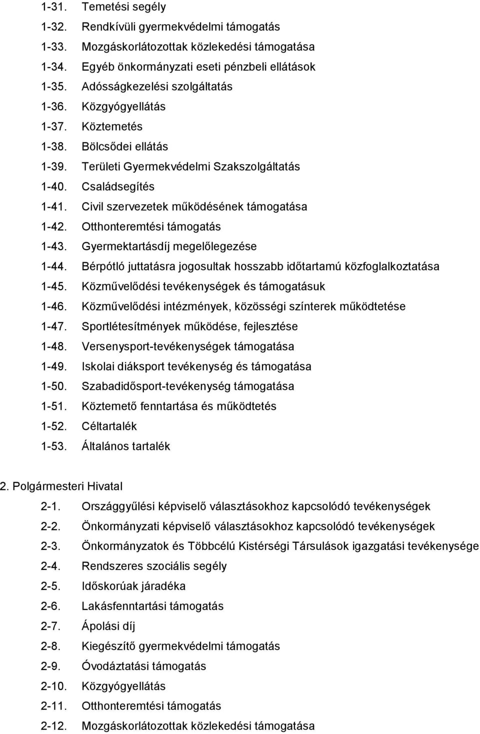 Civil szervezetek működésének támogatása 1-42. Otthonteremtési támogatás 1-43. Gyermektartásdíj megelőlegezése 1-44. Bérpótló juttatásra jogosultak hosszabb időtartamú közfoglalkoztatása 1-45.