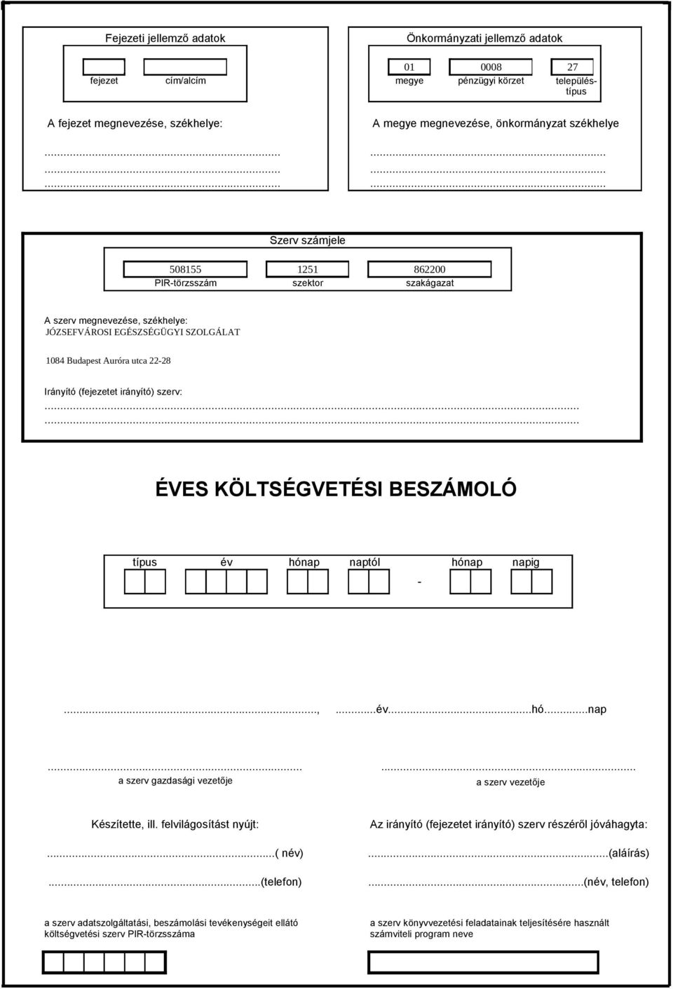 ..... ÉVES KÖLTSÉGVETÉSI BESZÁMOLÓ típus év hónap naptól hónap napig -...,...év...hó...nap...... a szerv gazdasági vezetője a szerv vezetője Készítette, ill.