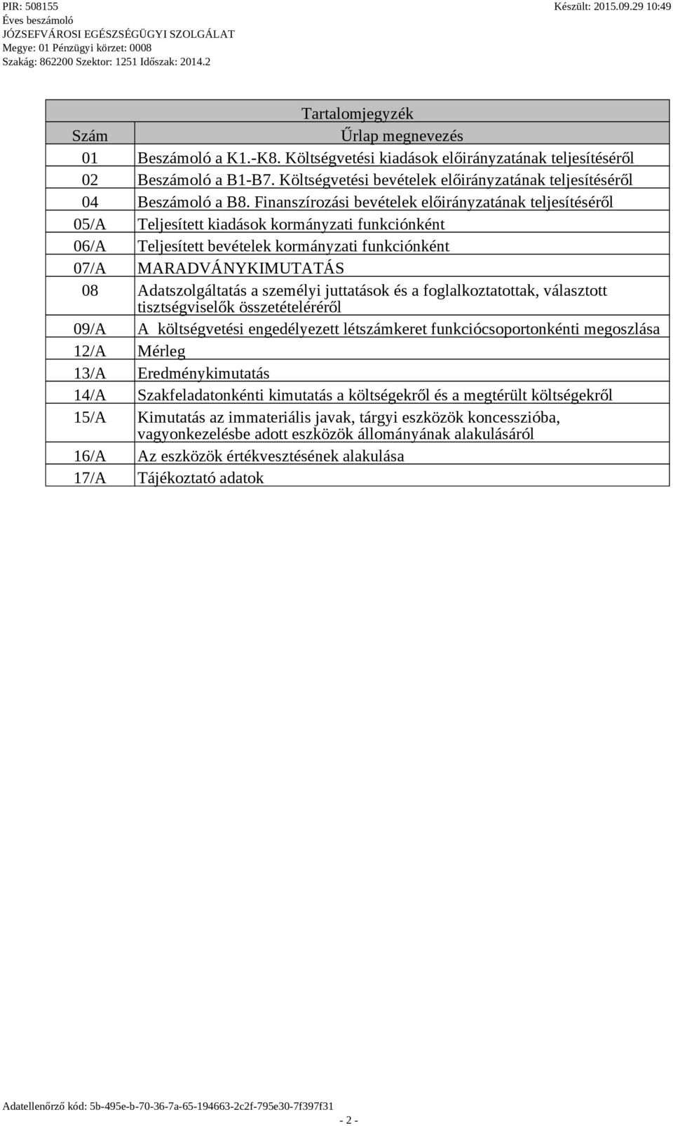 Finanszírozási bevételek előirányzatának teljesítéséről 05/A Teljesített kiadások kormányzati funkciónként 06/A Teljesített bevételek kormányzati funkciónként 07/A MARADVÁNYKIMUTATÁS 08