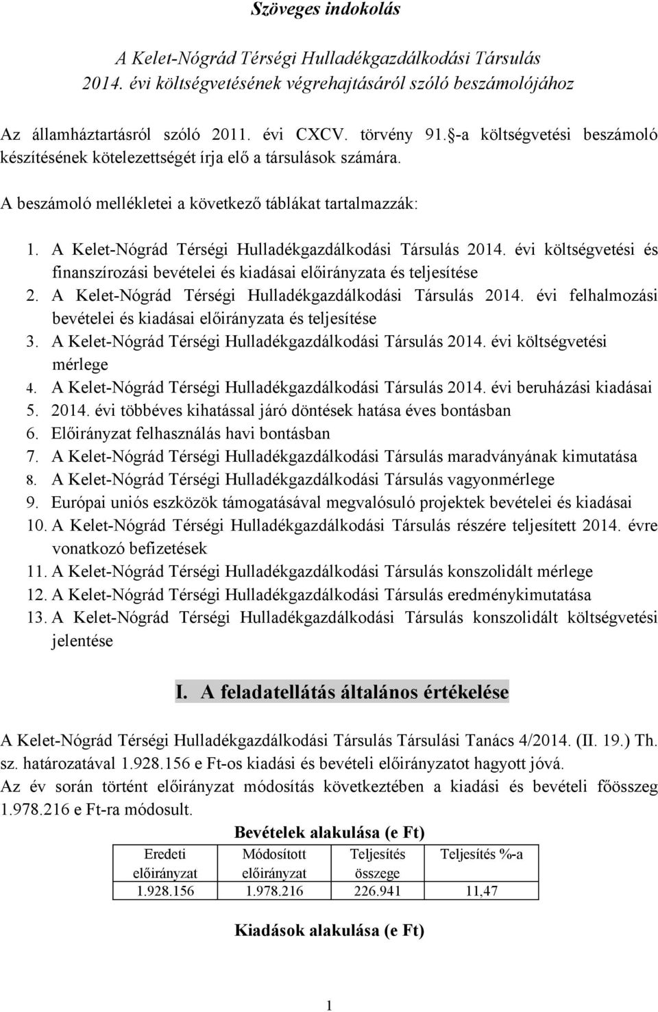 A Kelet-Nógrád Térségi Hulladékgazdálkodási Társulás 214. évi költségvetési és finanszírozási bevételei és kiadásai előirányzata és teljesítése 2.