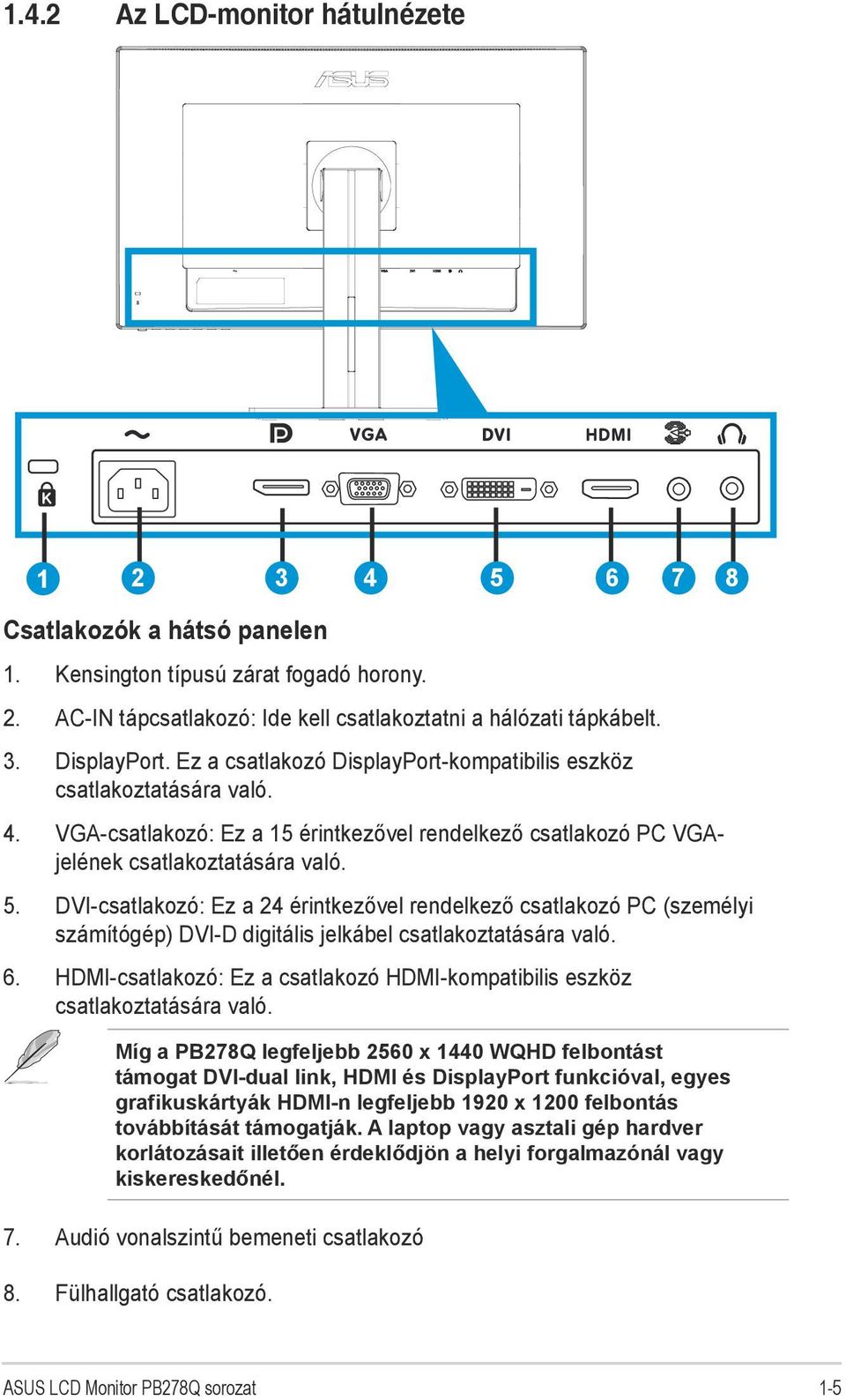 DVI-csatlakozó: Ez a 24 érintkezővel rendelkező csatlakozó PC (személyi számítógép) DVI-D digitális jelkábel csatlakoztatására való. 6.