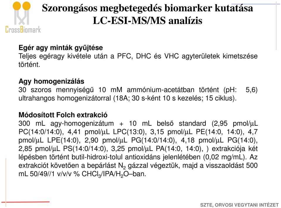 Módosított Folch extrakció 300 ml agy-homogenizátum + 10 ml belső standard (2,95 pmol/µl PC(14:0/14:0), 4,41 pmol/µl LPC(13:0), 3,15 pmol/µl PE(14:0, 14:0), 4,7 pmol/µl LPE(14:0), 2,90 pmol/µl