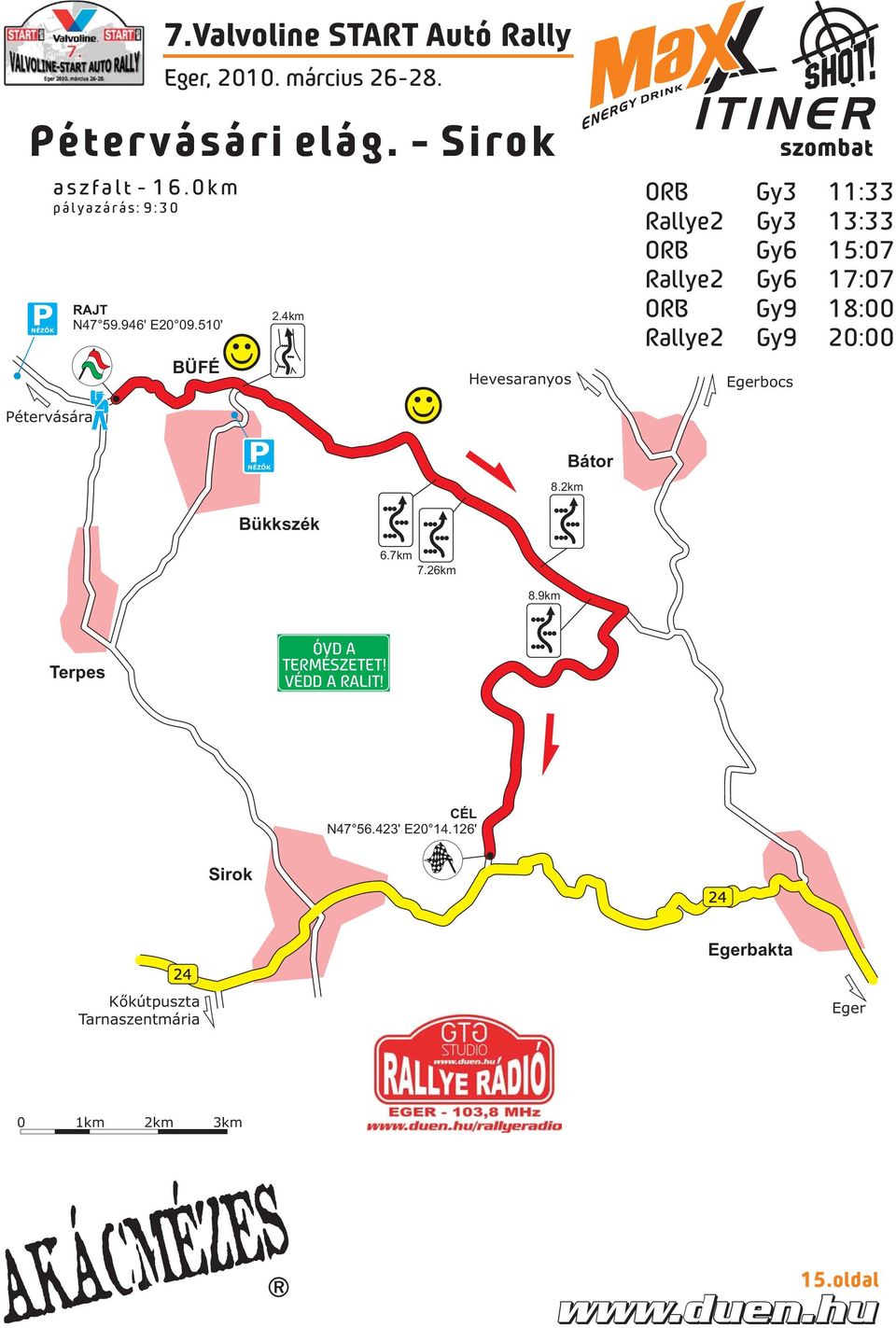 4km Hevesaranyos szombat ORB Gy3 11:33 Rallye2 Gy3 13:33 ORB Gy6 15:07 Rallye2 Gy6 17:07 ORB Gy9 18:00 Rallye2 Gy9