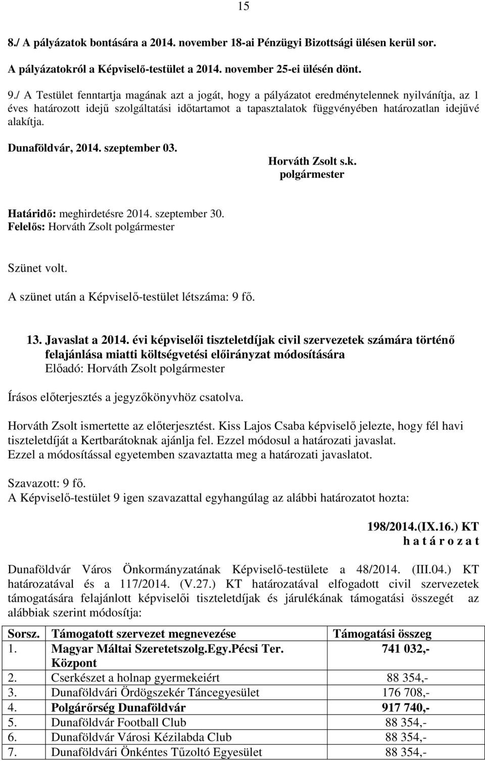 alakítja. Dunaföldvár, 2014. szeptember 03. Horváth Zsolt s.k. polgármester Határidő: meghirdetésre 2014. szeptember 30. Felelős: Horváth Zsolt polgármester Szünet volt.