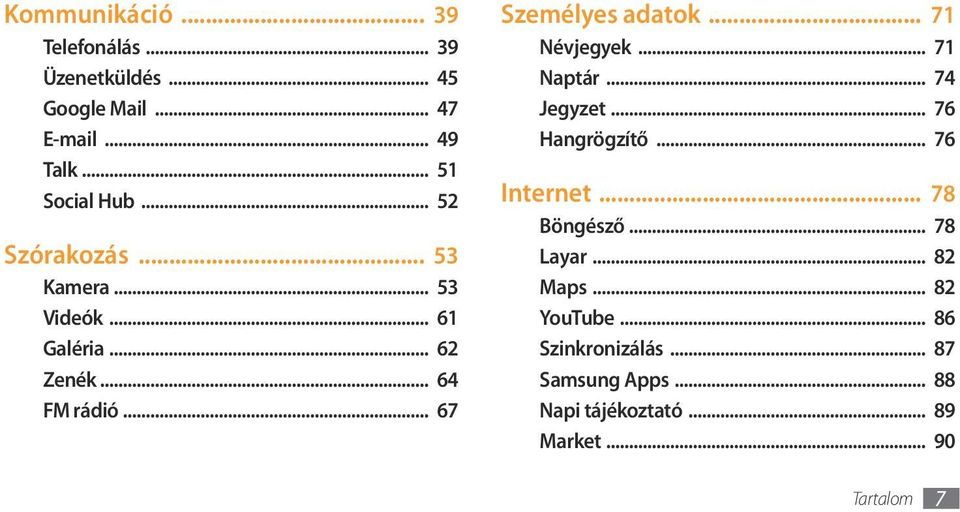 .. 71 Névjegyek... 71 Naptár... 74 Jegyzet... 76 Hangrögzítő... 76 Internet... 78 Böngésző... 78 Layar.