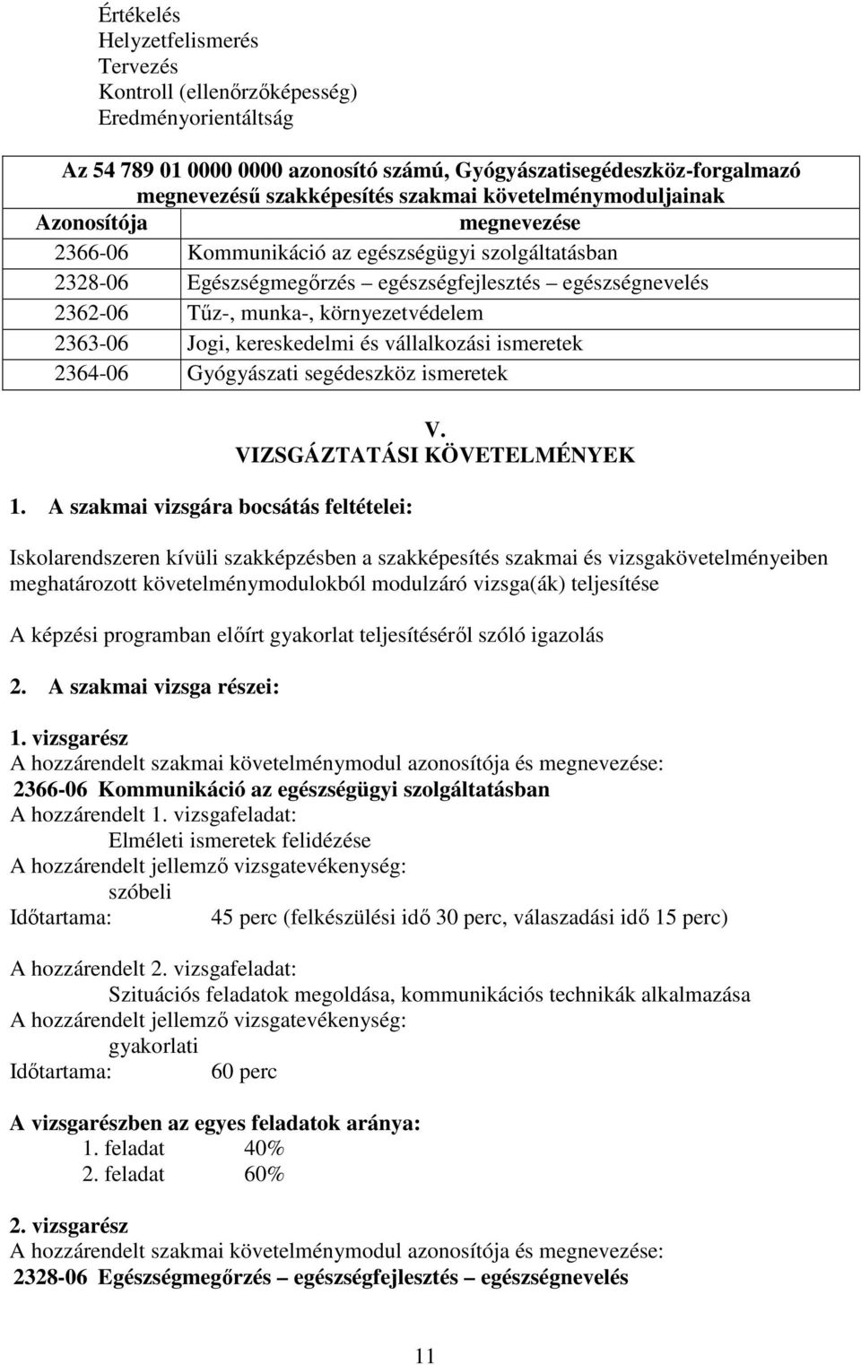 2363-06 Jogi, kereskedelmi és vállalkozási ismeretek 2364-06 Gyógyászati segédeszköz ismeretek 1. szakmai vizsgára bocsátás feltételei: V.